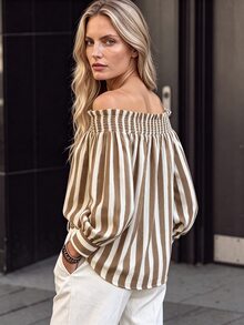 SHEIN Holidaya New Autumn Square Neck Striped Elegant Women's Top - Khaki - View 3