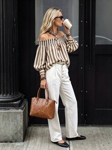 SHEIN Holidaya New Autumn Square Neck Striped Elegant Women's Top - Khaki - View 5