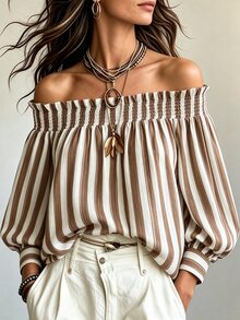 SHEIN Holidaya New Autumn Square Neck Striped Elegant Women's Top - Khaki - View 2