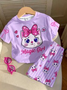 Baby Girl Cartoon Graphic Tee & Striped Print Shorts - Multicolor - View 1