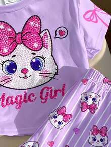 Baby Girl Cartoon Graphic Tee & Striped Print Shorts - Multicolor - View 5