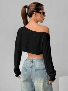 Flirla 1 pieza Parte superior recortada de cuello asimétrico sexy de unicolor para mujer, primavera/verano - Negro - Ver 2