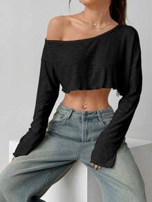 Flirla 1 pieza Parte superior recortada de cuello asimétrico sexy de unicolor para mujer, primavera/verano - Negro - Ver 3