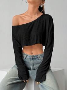 Flirla 1 pieza Parte superior recortada de cuello asimétrico sexy de unicolor para mujer, primavera/verano - Negro - Ver 4