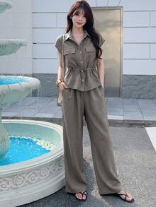 DAZY 女款春夏休閒度假風抓皺寬鬆無袖上衣＋直筒長褲兩件套，深灰色，適合早午餐 - 咖啡棕 - 查看 3
