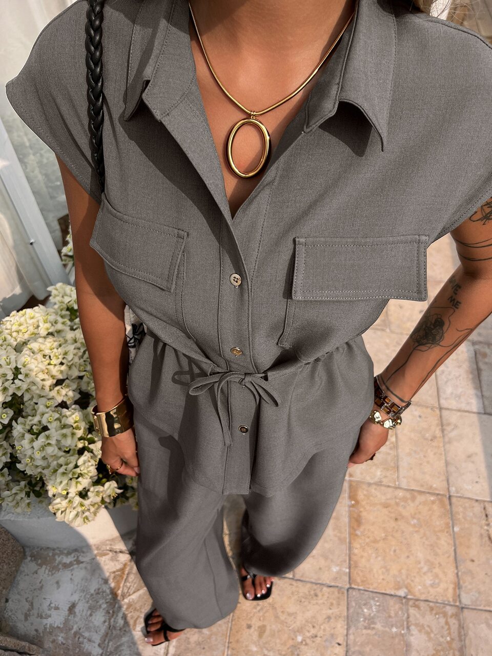 Spring/Summer Casual Vacation Ruched Loose Sleeveless Shirt Top Straight Leg Pants 2 Pieces Set For Women Brunch Dark Grey