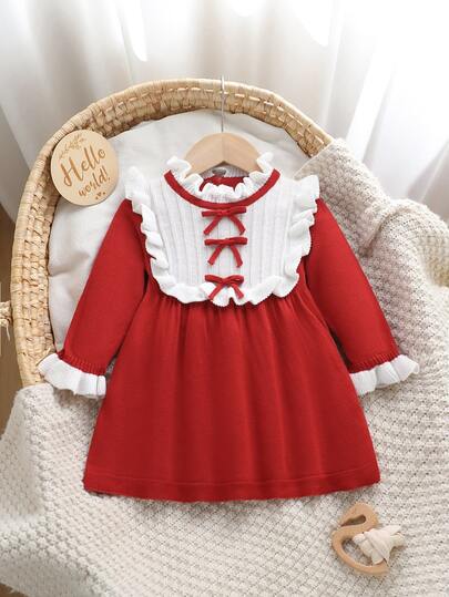 SHEIN Fall Clothes Winter Toddler Girl Red Long Sleeve Bow Floral Sweater Dress, Back To School, Warm Cozy, Festival Outfits Christmas Casual Daily Wear