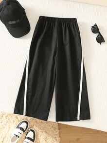 SHEIN 兒童小男孩休閒簡約直筒長褲，適合春夏秋冬穿著 - 黑色 - 查看 4