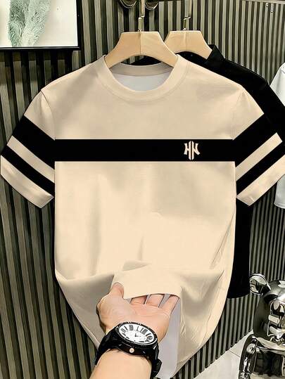 Manfinity Hypemode Men's Contrast Color Round Neck Short Sleeve Casual T-Shirt, Versatile For Summer, Holiday