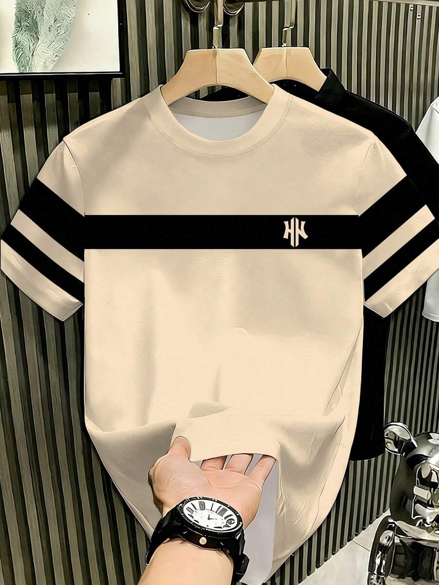 Manfinity Hypemode Men's Contrast Color Round Neck Short Sleeve Casual T-Shirt, Versatile For Summer, Holiday - Multicolor - View 1