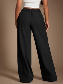 SHEIN Tall CURVE 大尺碼女款素色休閒百搭日常長褲 - 黑色 - 查看 10