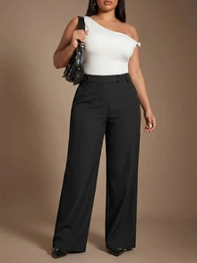 SHEIN Tall CURVE 大尺碼女款素色休閒百搭日常長褲 - 黑色 - 查看 6