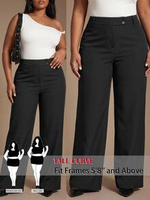 SHEIN Tall CURVE 大尺碼女款素色休閒百搭日常長褲 - 黑色 - 查看 1