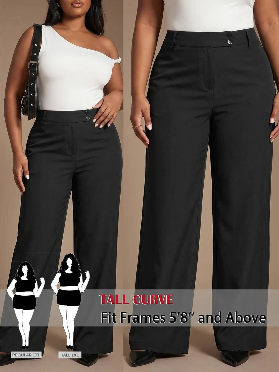 SHEIN Tall CURVE 大尺碼女款素色休閒百搭日常長褲 - 黑色 - 查看 1
