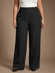 SHEIN Tall CURVE 大尺碼女款素色休閒百搭日常長褲 - 黑色 - 查看 2
