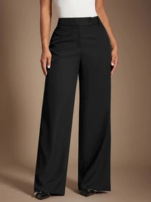 SHEIN Tall CURVE 大尺碼女款素色休閒百搭日常長褲 - 黑色 - 查看 9