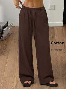 SHEIN Tall CURVE 大尺碼女款純色抽繩腰口袋寬腿鬆身長褲 秋季海灘度假 巧克力棕 傳統優雅 - 咖啡棕 - 查看 6