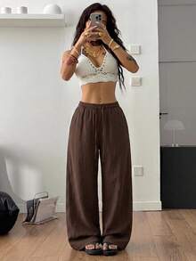 SHEIN Tall CURVE 大尺碼女款純色抽繩腰口袋寬腿鬆身長褲 秋季海灘度假 巧克力棕 傳統優雅 - 咖啡棕 - 查看 5