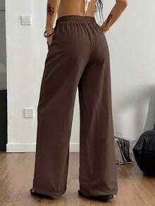 SHEIN Tall CURVE 大尺碼女款純色抽繩腰口袋寬腿鬆身長褲 秋季海灘度假 巧克力棕 傳統優雅 - 咖啡棕 - 查看 2
