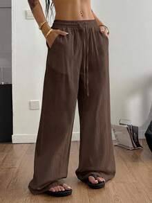 SHEIN Tall CURVE 大尺碼女款純色抽繩腰口袋寬腿鬆身長褲 秋季海灘度假 巧克力棕 傳統優雅 - 咖啡棕 - 查看 4