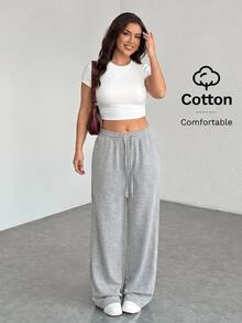 SHEIN PETITE CURVE 大尺碼純色極簡抽繩腰口袋休閒長褲 秋季 - 淺灰色 - 查看 6