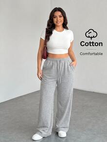 SHEIN PETITE CURVE 大尺碼純色極簡抽繩腰口袋休閒長褲 秋季 - 淺灰色 - 查看 9