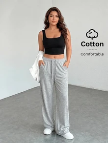 SHEIN PETITE CURVE 大尺碼純色極簡抽繩腰口袋休閒長褲 秋季 - 淺灰色 - 查看 4