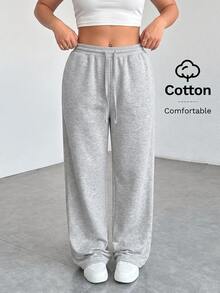 SHEIN PETITE CURVE 大尺碼純色極簡抽繩腰口袋休閒長褲 秋季 - 淺灰色 - 查看 8