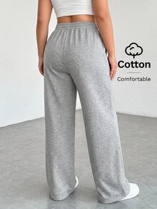 SHEIN PETITE CURVE 大尺碼純色極簡抽繩腰口袋休閒長褲 秋季 - 淺灰色 - 查看 7