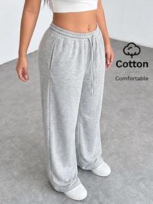 SHEIN PETITE CURVE 大尺碼純色極簡抽繩腰口袋休閒長褲 秋季 - 淺灰色 - 查看 3
