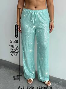SHEIN Tall CURVE 大尺碼女款嘻哈街頭風性感亮片裝飾繫帶寬鬆長褲 外出派對穿搭 淺綠色 秋季 - 綠色 - 查看 2
