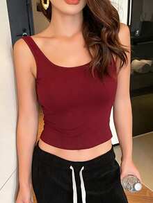 DAZY Minimalist Built-In Padded Backless Letter Graphic Decor Camisole Tank Top For Women Summer - Burgundy - View 8