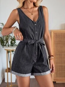 EMERY ROSE EMERY ROSE Women's Sleeveless Denim Overalls Shorts With Belt - Black - View 6