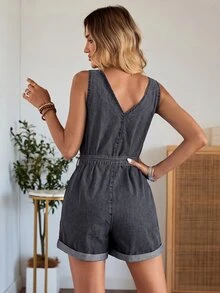 EMERY ROSE EMERY ROSE Women's Sleeveless Denim Overalls Shorts With Belt - Black - View 2