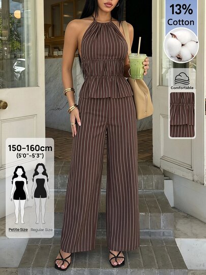 SHEIN PETITE Women's Elegant Casual Fashion Striped Halter Top And High-Waisted Pants Brown Two Pieces Set