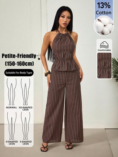 SHEIN PETITE Women's Elegant Casual Fashion Striped Halter Top And High-Waisted Pants Brown Two Pieces Set