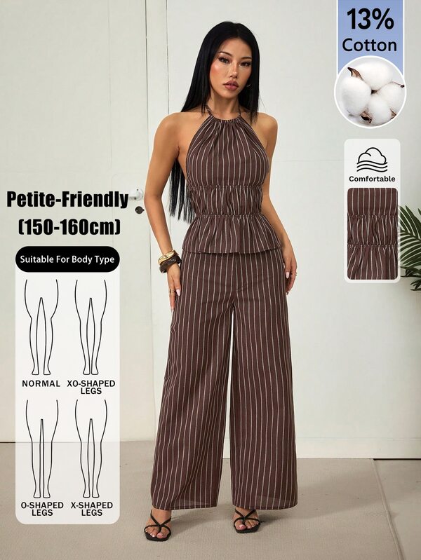 SHEIN PETITE 女款優雅休閒時尚條紋掛脖上衣與高腰長褲棕色兩件套