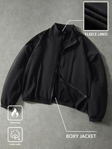PAVTROS Men's Zipper Jacket With Fleece Lining, Raglan Sleeve Black Winter Streetwear, Suitable For School, Back To School Season, City Short Trips, Gifting - Black - View 2
