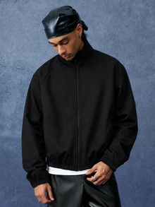 PAVTROS Men's Zipper Jacket With Fleece Lining, Raglan Sleeve Black Winter Streetwear, Suitable For School, Back To School Season, City Short Trips, Gifting - Black - View 4