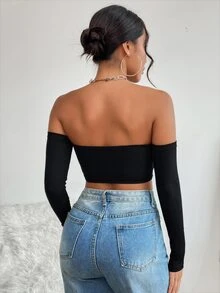 SHEIN PETITE Solid Off Shoulder Crop Off Shoulder Top ,Petite Women - Black - View 3
