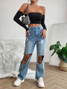 SHEIN PETITE Solid Off Shoulder Crop Off Shoulder Top ,Petite Women - Black - View 4