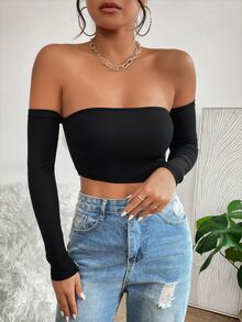SHEIN PETITE Solid Off Shoulder Crop Off Shoulder Top ,Petite Women - Black - View 2