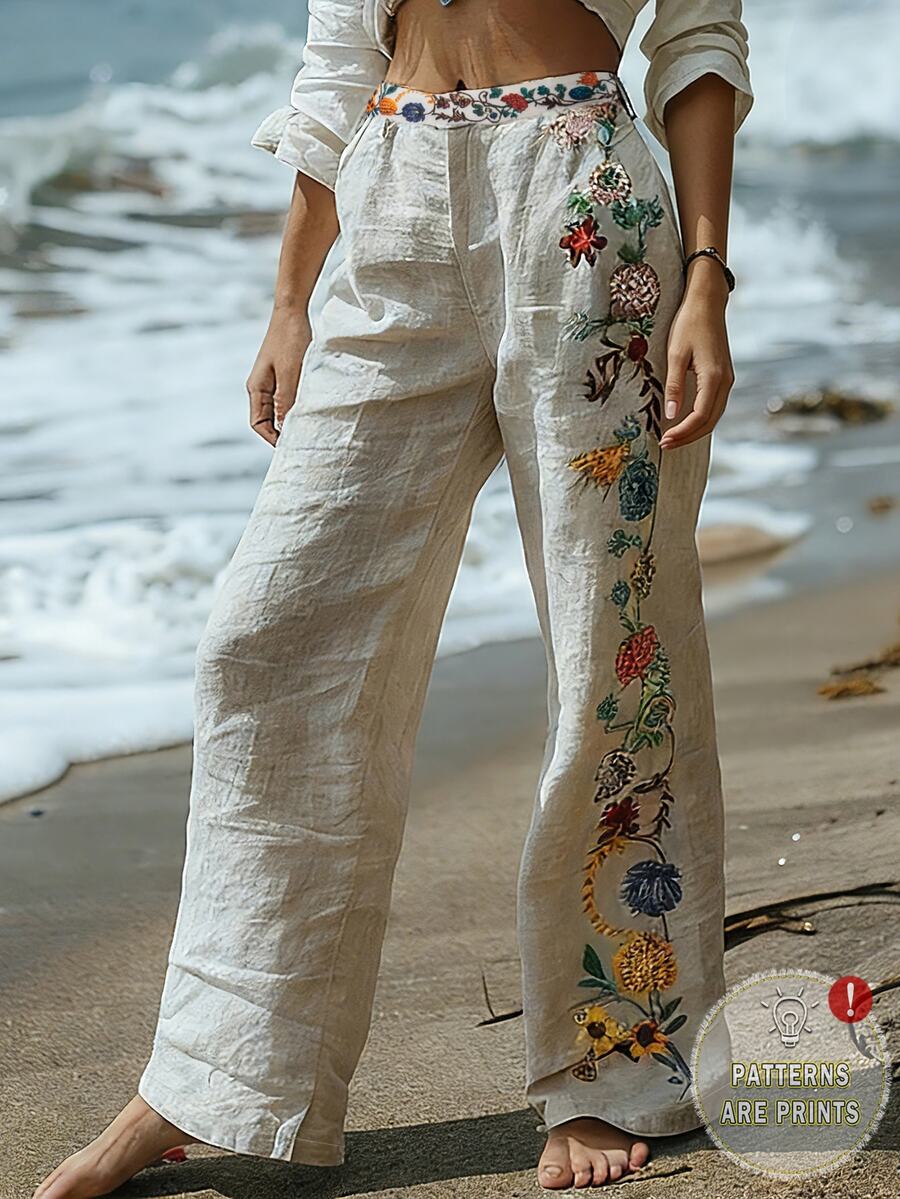 EMERY ROSE Women's Casual Boho Business Casual Floral Embroidery Wide Leg Pants, Suitable For Beach And Holiday Beige Autumn - Multicolor - View 1