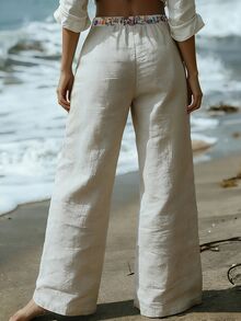 EMERY ROSE Women's Casual Boho Business Casual Floral Embroidery Wide Leg Pants, Suitable For Beach And Holiday Beige Autumn - Multicolor - View 2