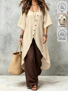 Omancia Women's New Chinese Style Textured Linen Asymmetric Hem Bell Sleeve Top And Wide Leg Pants Set, Loose Fit Flattering Commuter Two Pieces Outfit - Multicolor - View 1