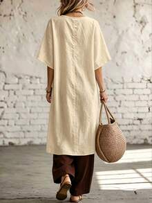 Omancia Women's New Chinese Style Textured Linen Asymmetric Hem Bell Sleeve Top And Wide Leg Pants Set, Loose Fit Flattering Commuter Two Pieces Outfit - Multicolor - View 2
