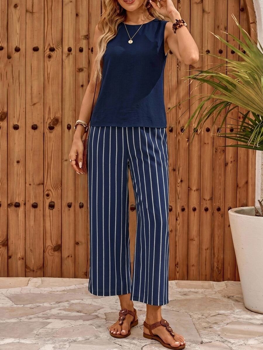 EMERY ROSE Top sin mangas con botones en la espalda & Pantalones de pierna ancha a rayas - Multicolor - Ver 1