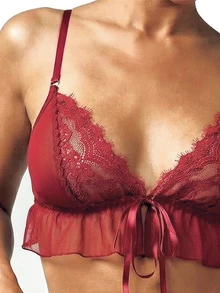 MISSGUIDED Lace Mesh Lingerie Set With Ruffle Details And Adjustable Straps For Intimate Occasions - Burgundy - View 4