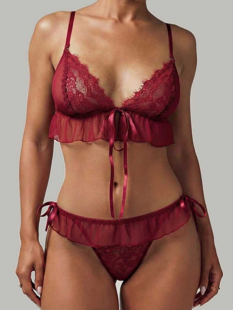 MISSGUIDED Lace Mesh Lingerie Set With Ruffle Details And Adjustable Straps For Intimate Occasions - Burgundy - View 1