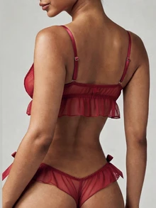 MISSGUIDED Lace Mesh Lingerie Set With Ruffle Details And Adjustable Straps For Intimate Occasions - Burgundy - View 2